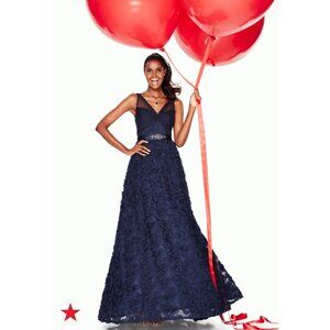 Rare Adrianna Papell Navy Illusion Neck Gown Textured Skirt RB10382 Sleeveless
